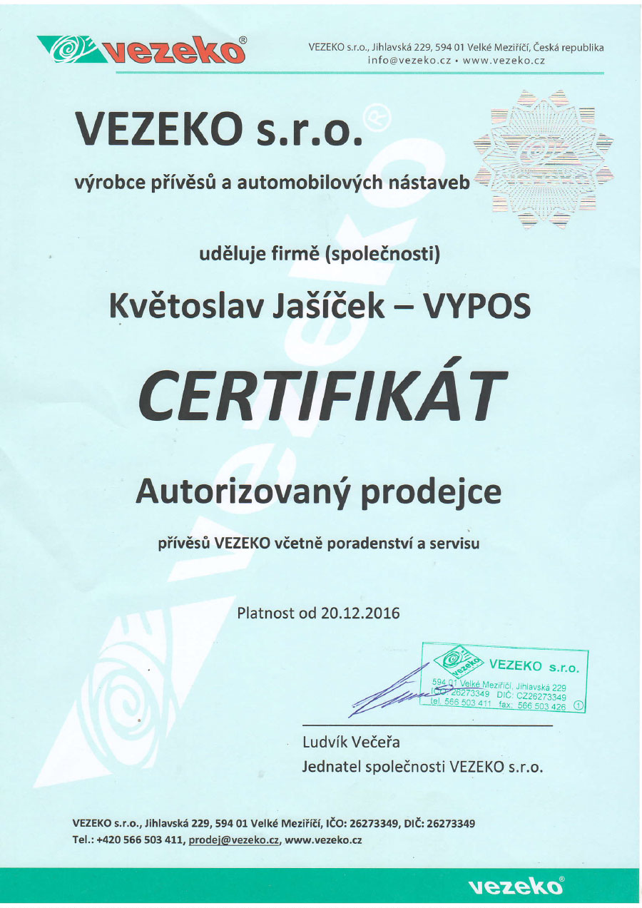 Certifikát VEZEKO