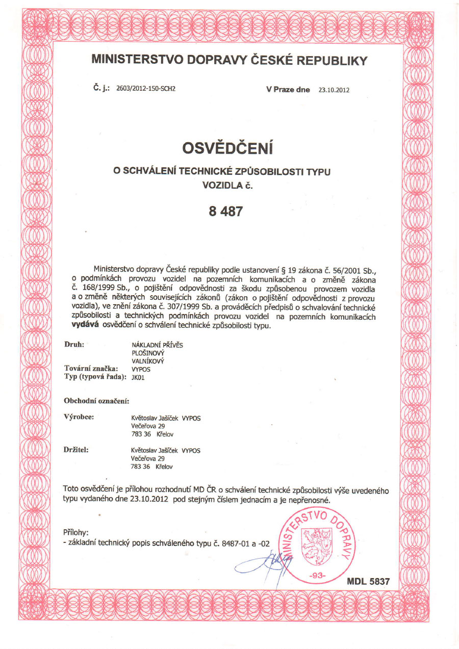 Certifikát VYPOS 8487