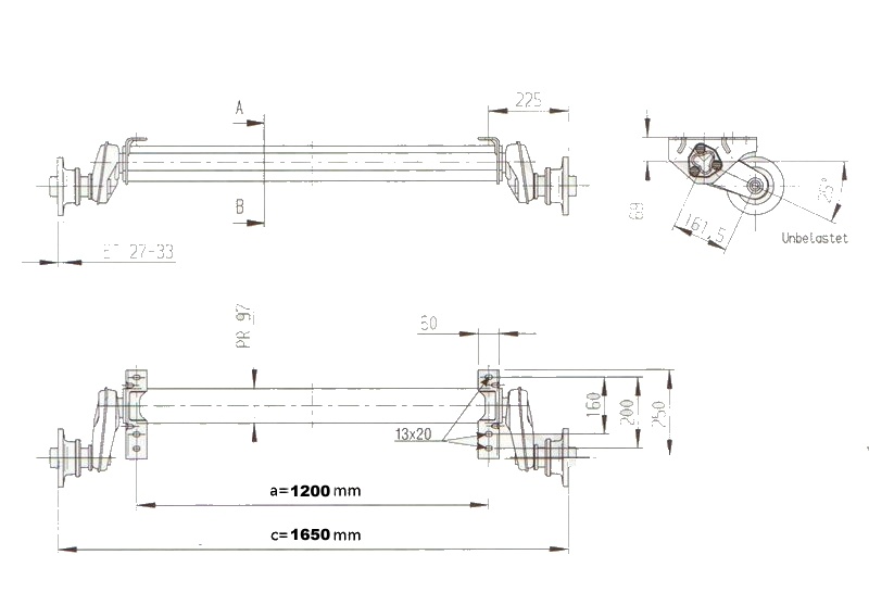 Náprava AL-KO Plus UBR 1200-5 (1300 kg) a=1200 mm, 112×5 – nákres