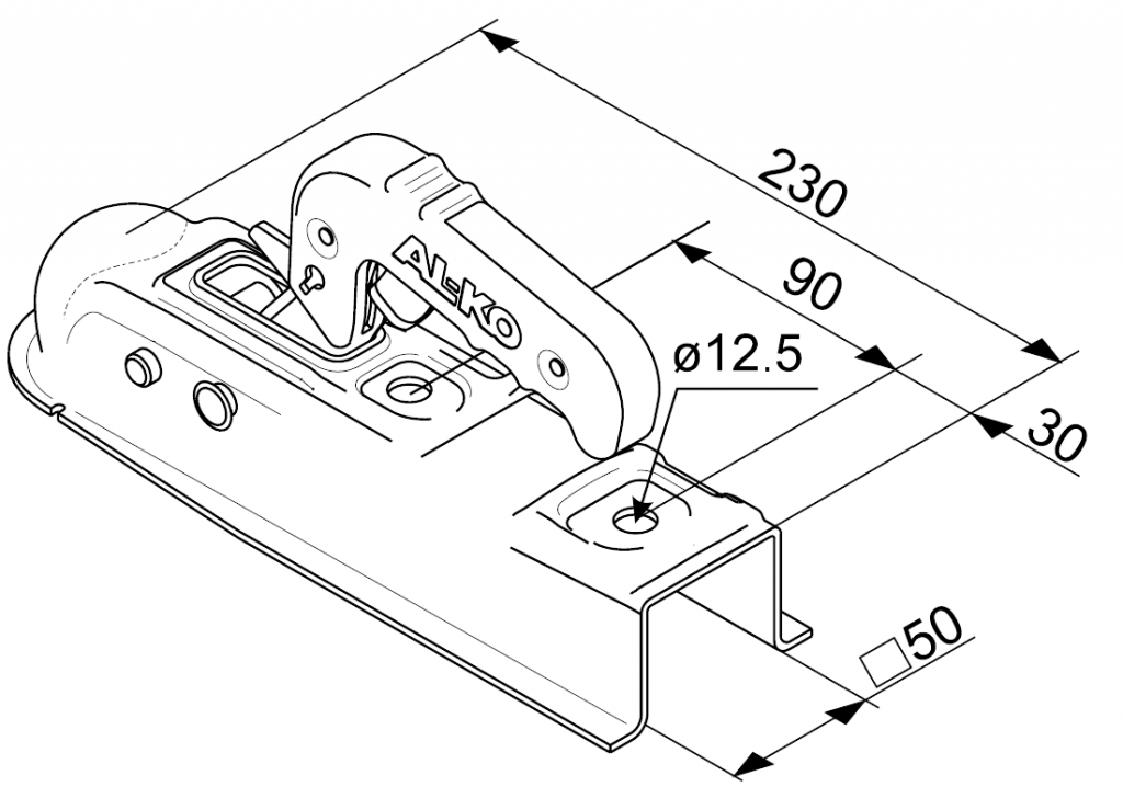 Kloub přípojný AL-KO AK 7 – 50 Ausf. D 50×50 mm, 750 kg, ( na šrouby M12 ), nákres