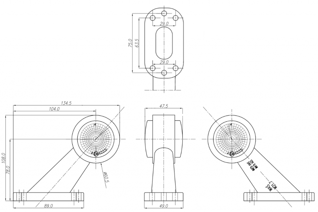 Světlo boční DIODOVÉ, tykadlo, červeno-bílé, LED WAS W21.7RF 299BC, 12-24V, levá 108 mm, QS150 , SNAP-IN kabel 0,5m, LEVÁ, nákres