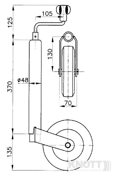 Podpěrné kolo bez držáku, KNOTT prům. 48 mm (ocelový disk) 150 kg, NÁKRES