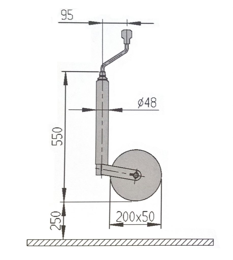 Podpěrné kolo bez držáku, pr. 48 mm, AL-KO 200×50 (ocelový disk) 300-180 kg – nákres