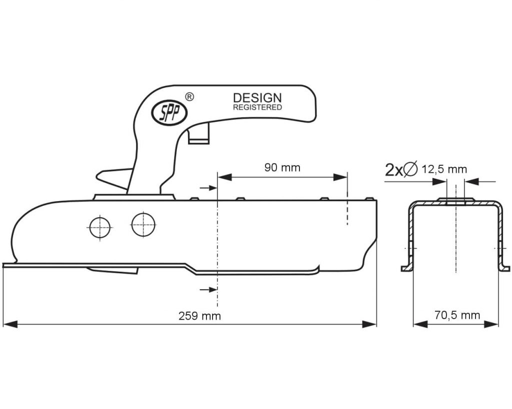 Kloub přípojný Steelpress SPP ZSK-750J, jekl 70, do 750 kg, (otvory 2 x 12,5 mm), nákres