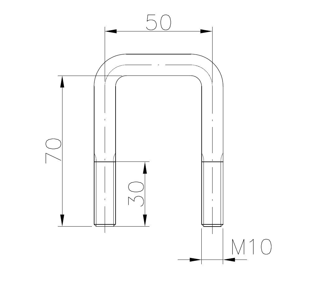 Kotvící třmen 70×50 mm, M10, do V-systému (DELŠÍ) – nákres